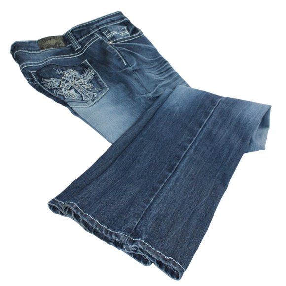 ZCO Blue Fade Cross And Angel Wings Embellished Boot Cut Jeans, Size 9 - Picture 2 of 6